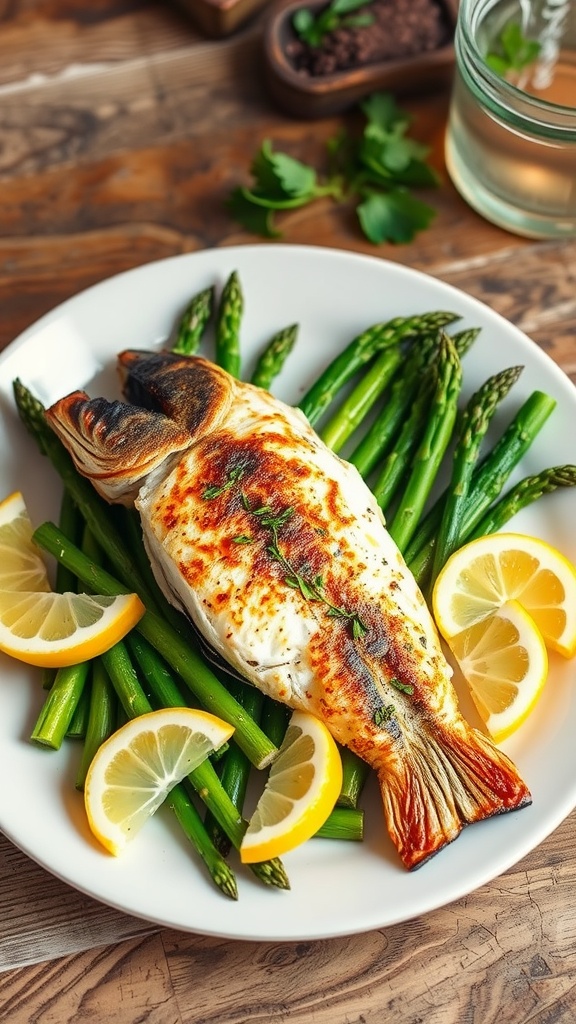 Crispy skin sea bass on a plate with asparagus and lemon wedges, garnished with herbs.